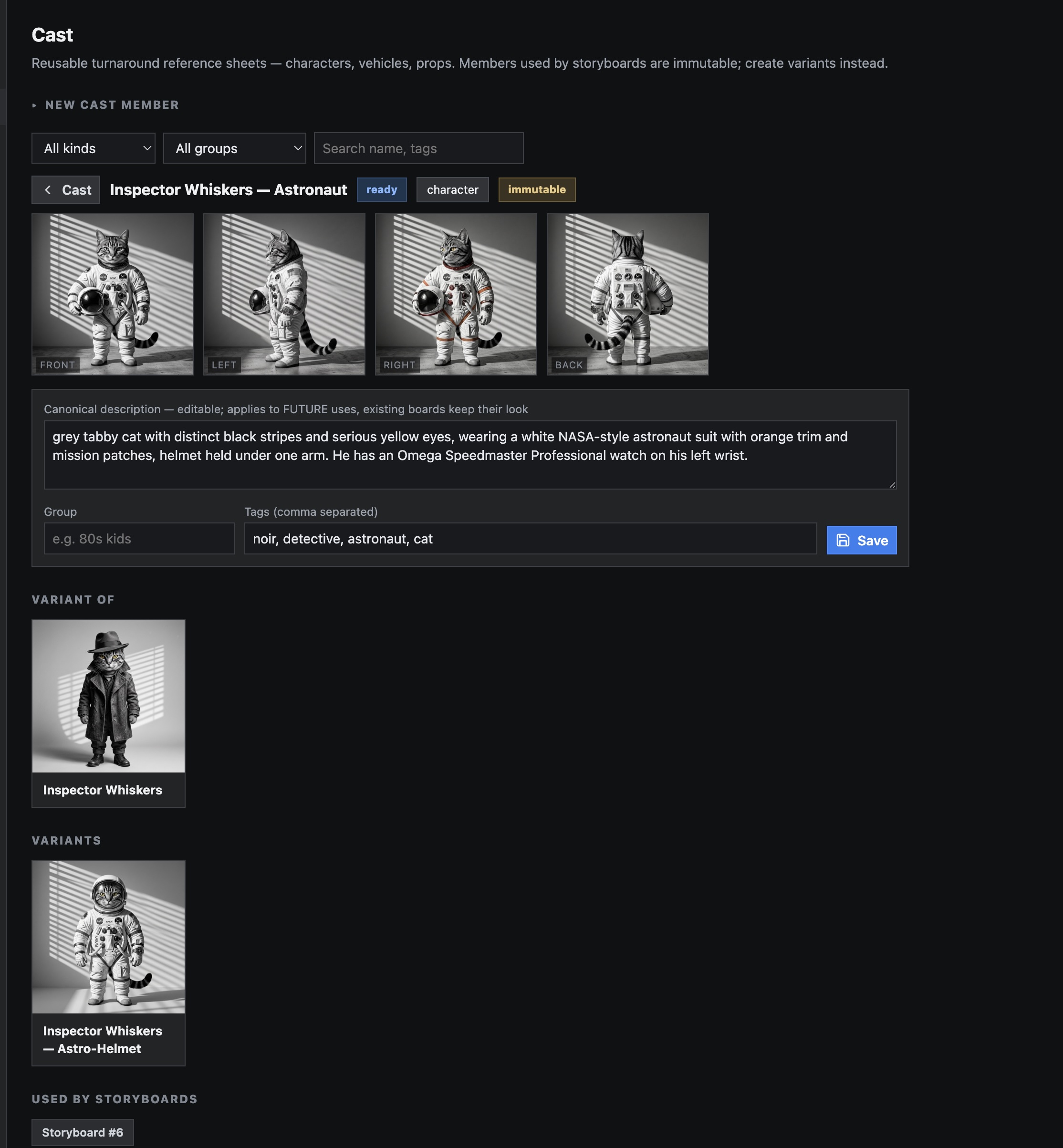 Cast member detail page with turnaround references, variants, and canonical description.