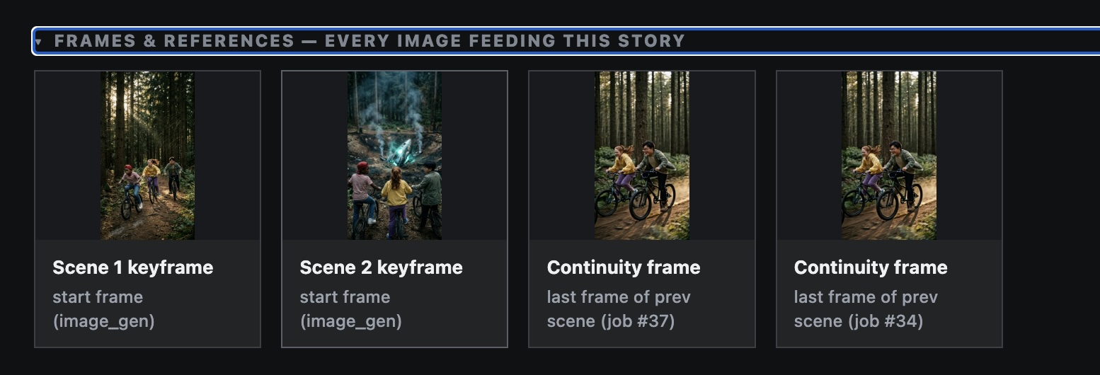 Frames and references panel with keyframes and continuity frames.