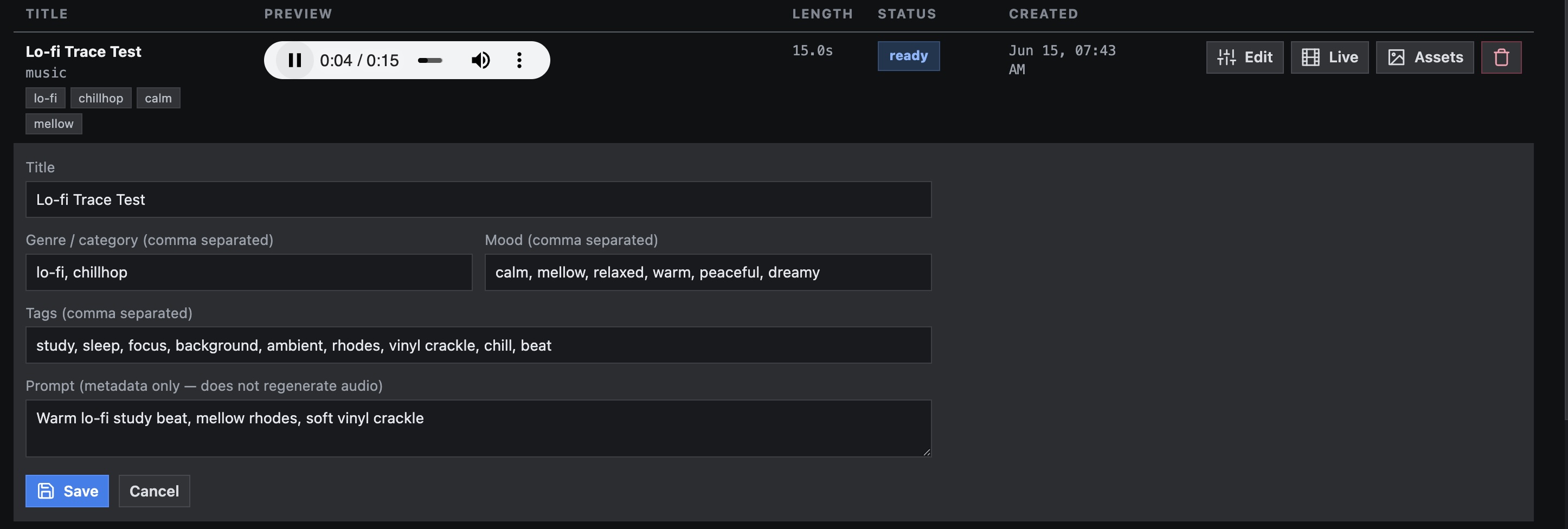 Audio management screen showing a generated music track, metadata fields, playback controls, and timeline actions.