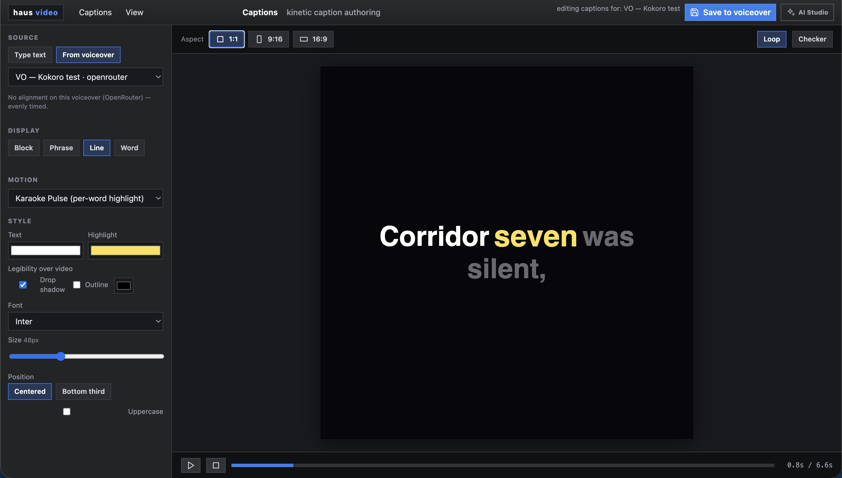 Caption editor showing voiceover source selection, line display mode, karaoke pulse motion, font controls, and preview canvas.