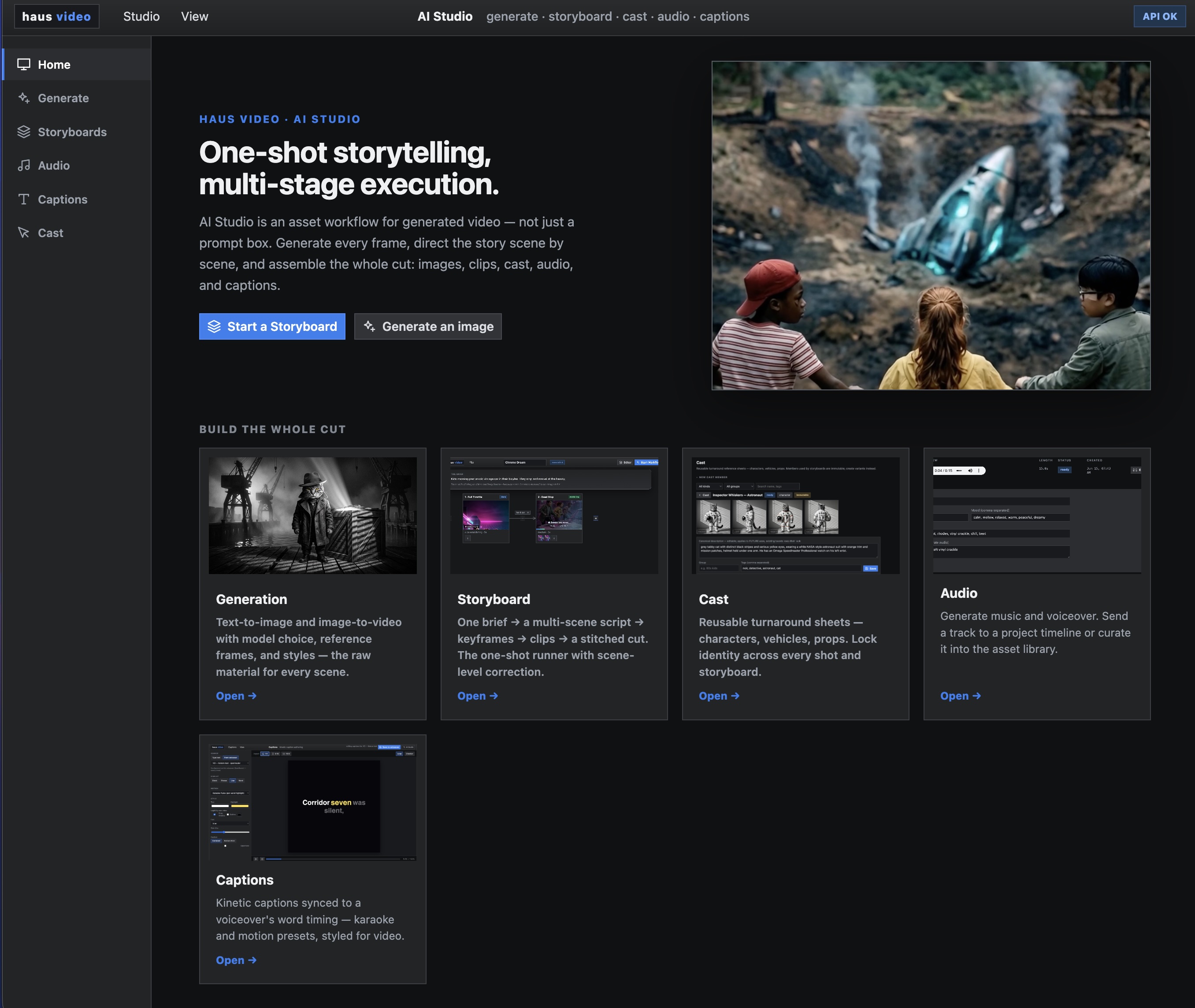 haus video AI Studio home screen with storyboard, cast, audio, and caption modules.