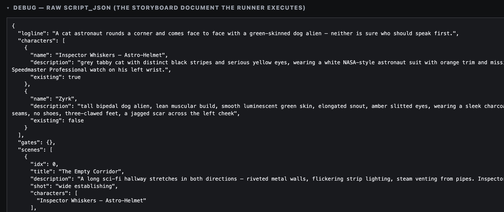 Raw script JSON showing characters and scene structure for the storyboard runner.