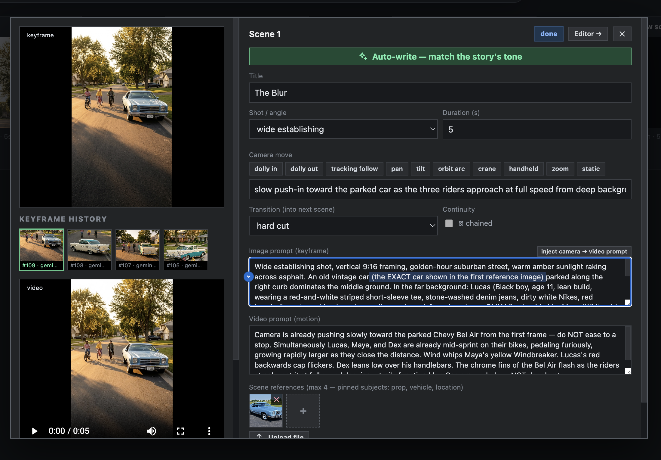 Scene editor showing reference uploads, frame history, and prompt revision for a targeted re-shoot.