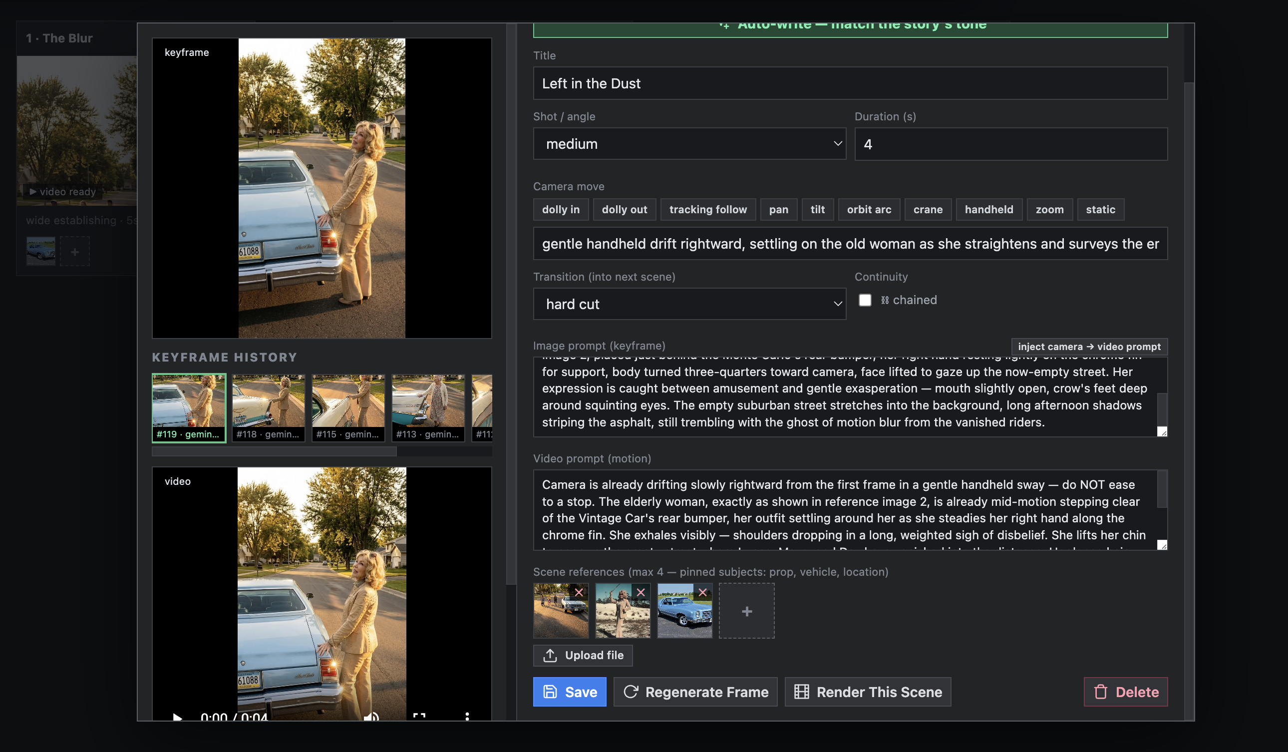 Guided scene editor showing auto-write to match the story tone, scene prompt controls, and keyframe history.