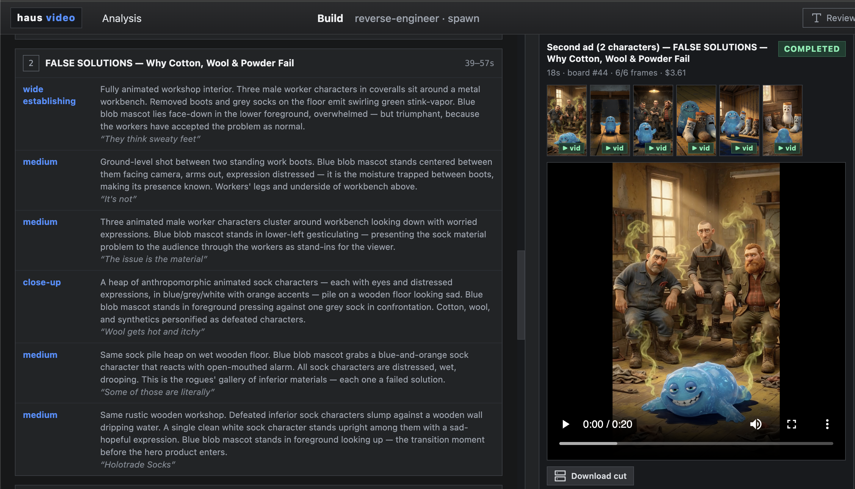 Analysis Mode extraction results showing description, style, audio direction, and narrative arc from a competitor video.