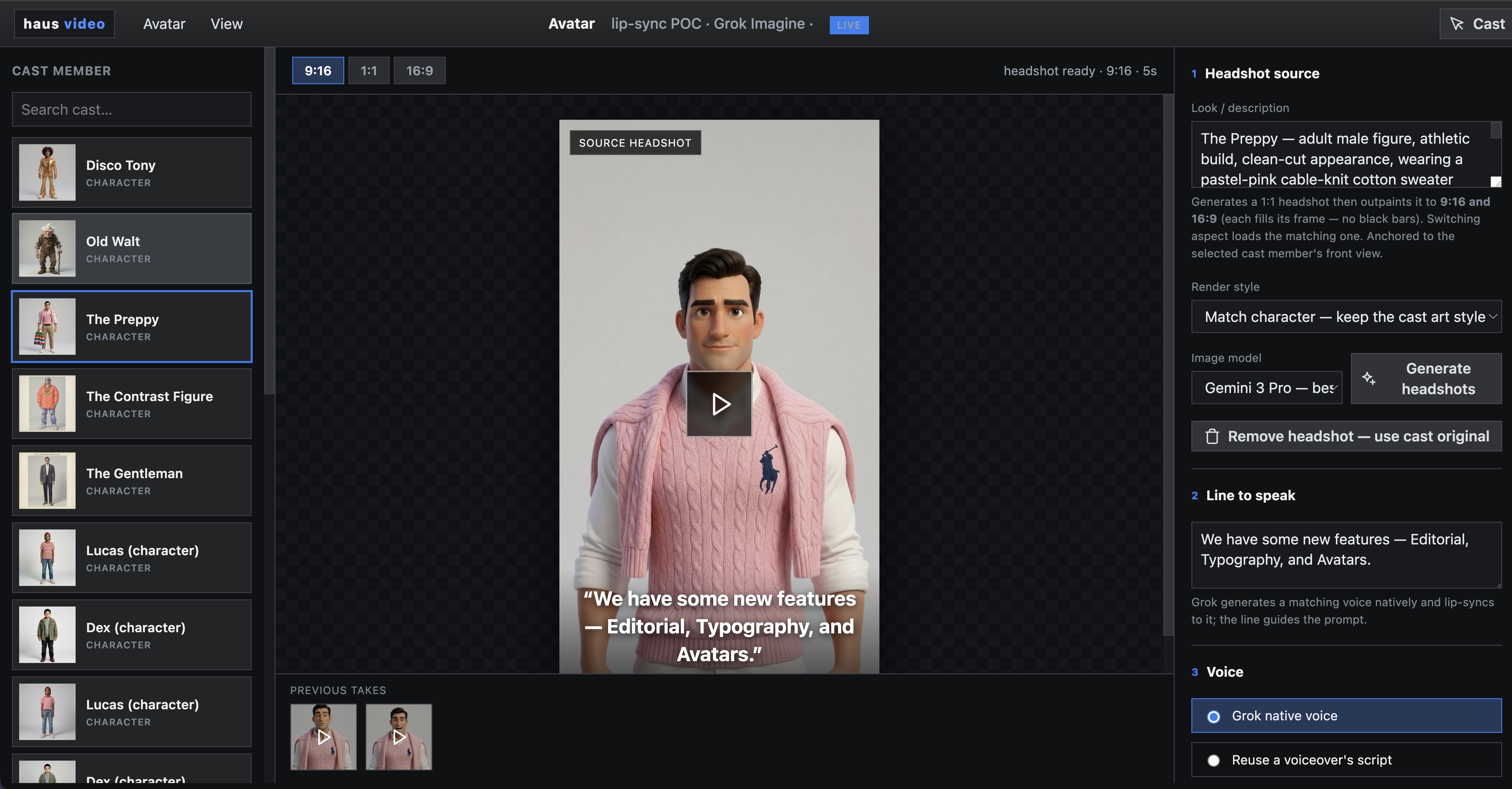 Avatar cast selection showing available presenter options inside haus video.