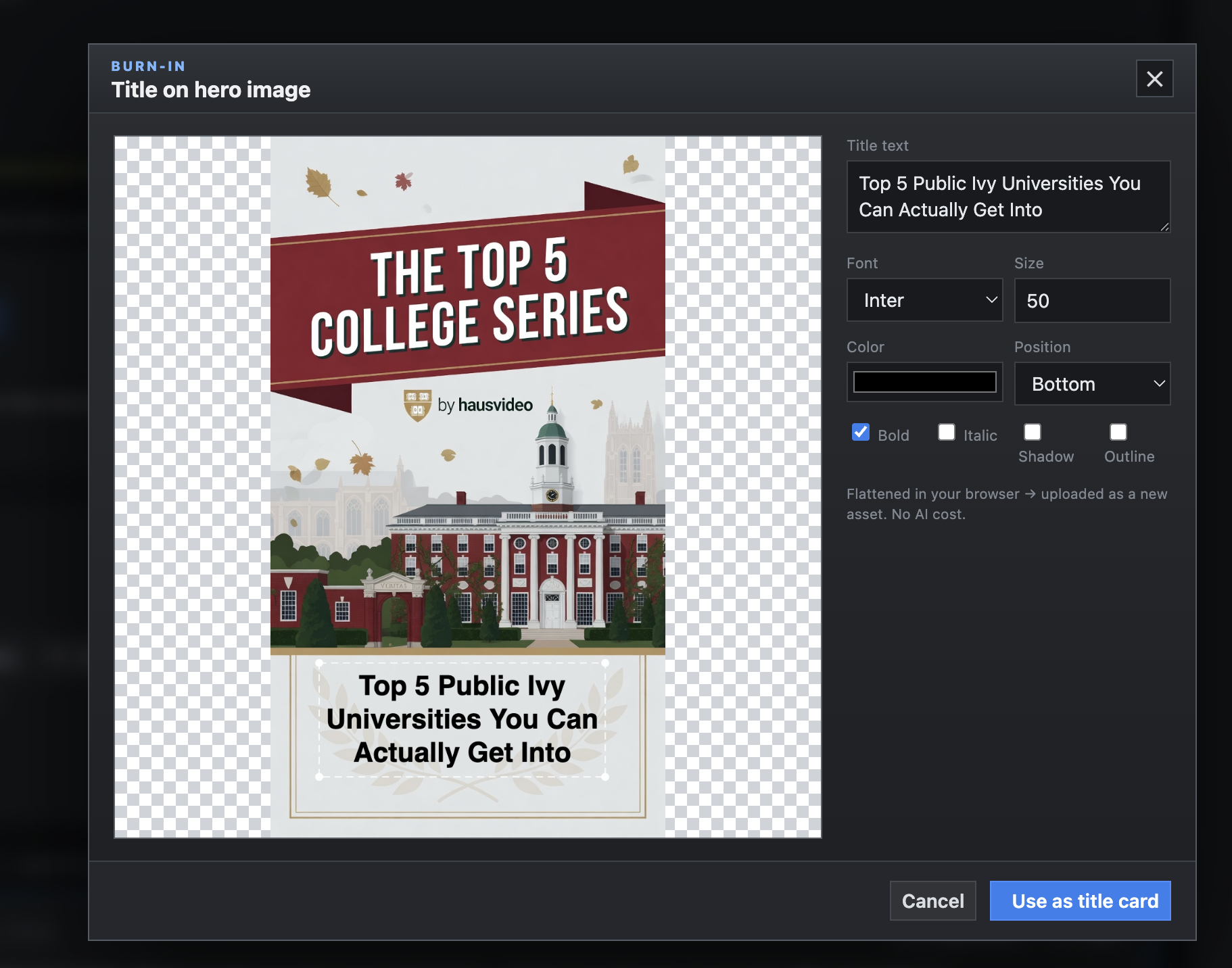 Burn-in title editor showing a hero image with editable title text, font, size, color, and position controls.