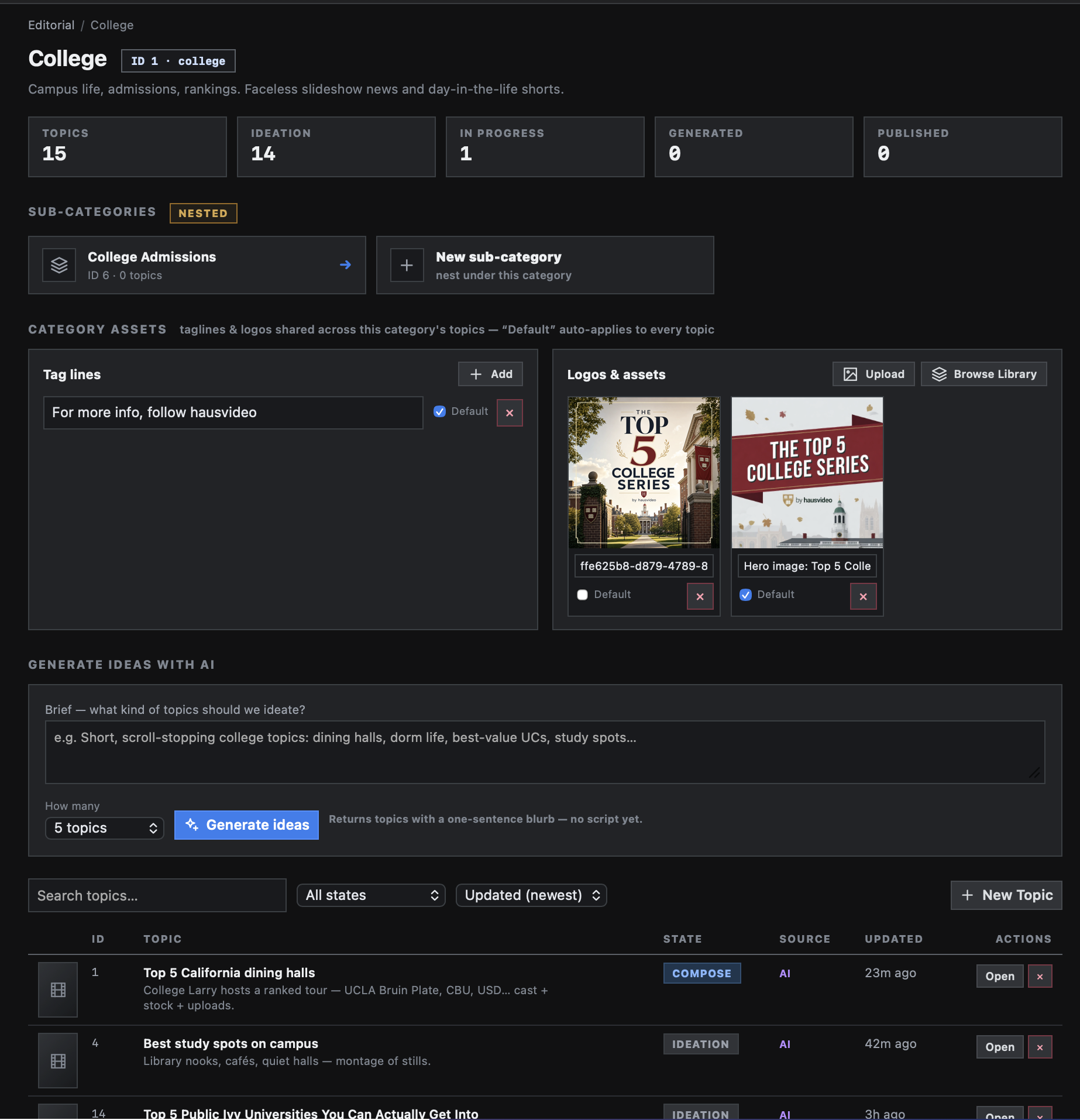 Editorial category detail page with sub-categories, category assets, and topic ideation controls.
