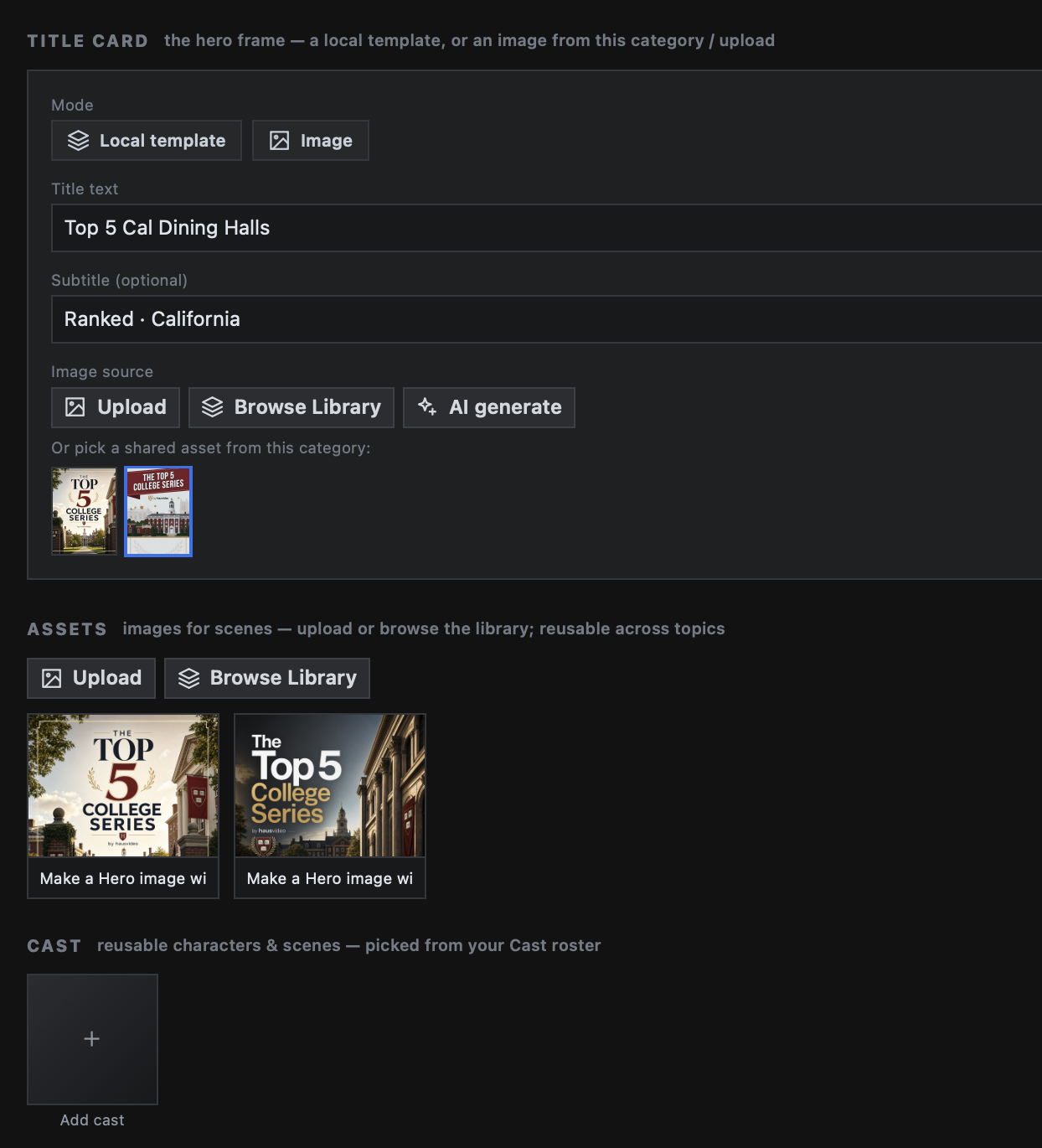 Compose page for title card, asset library, uploads, browse library, and cast selection.