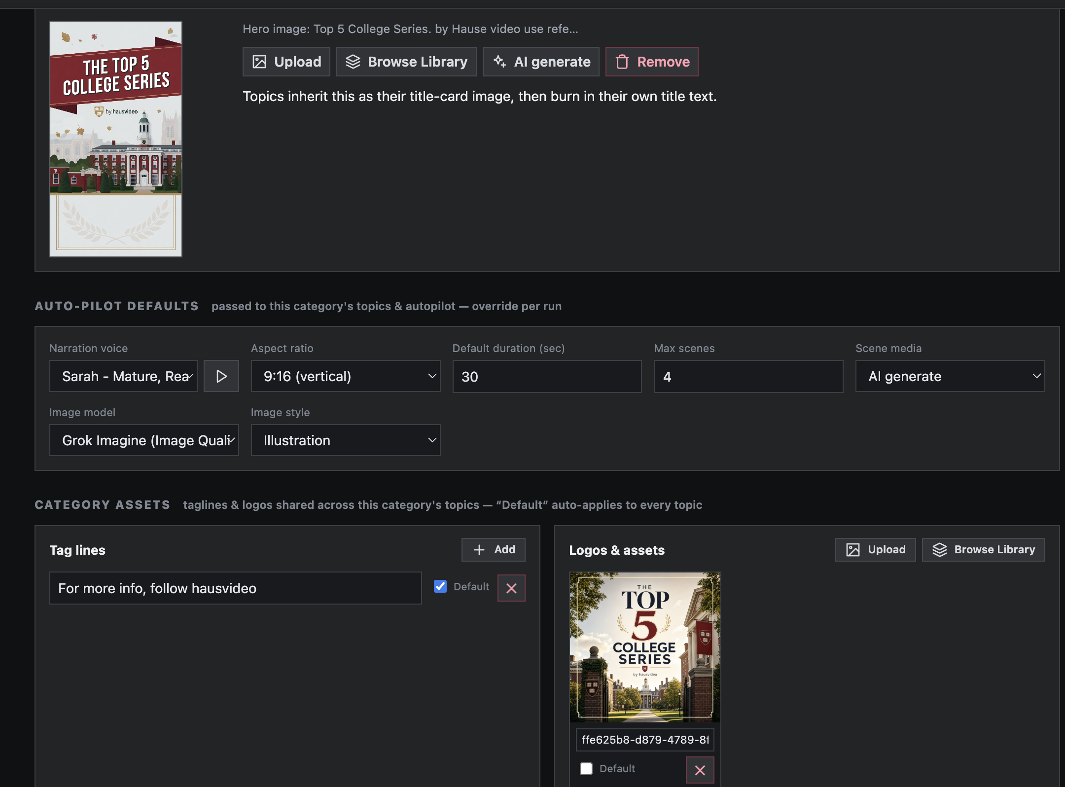 Editorial category defaults showing inherited narration voice, aspect ratio, duration, max scenes, and scene media settings.