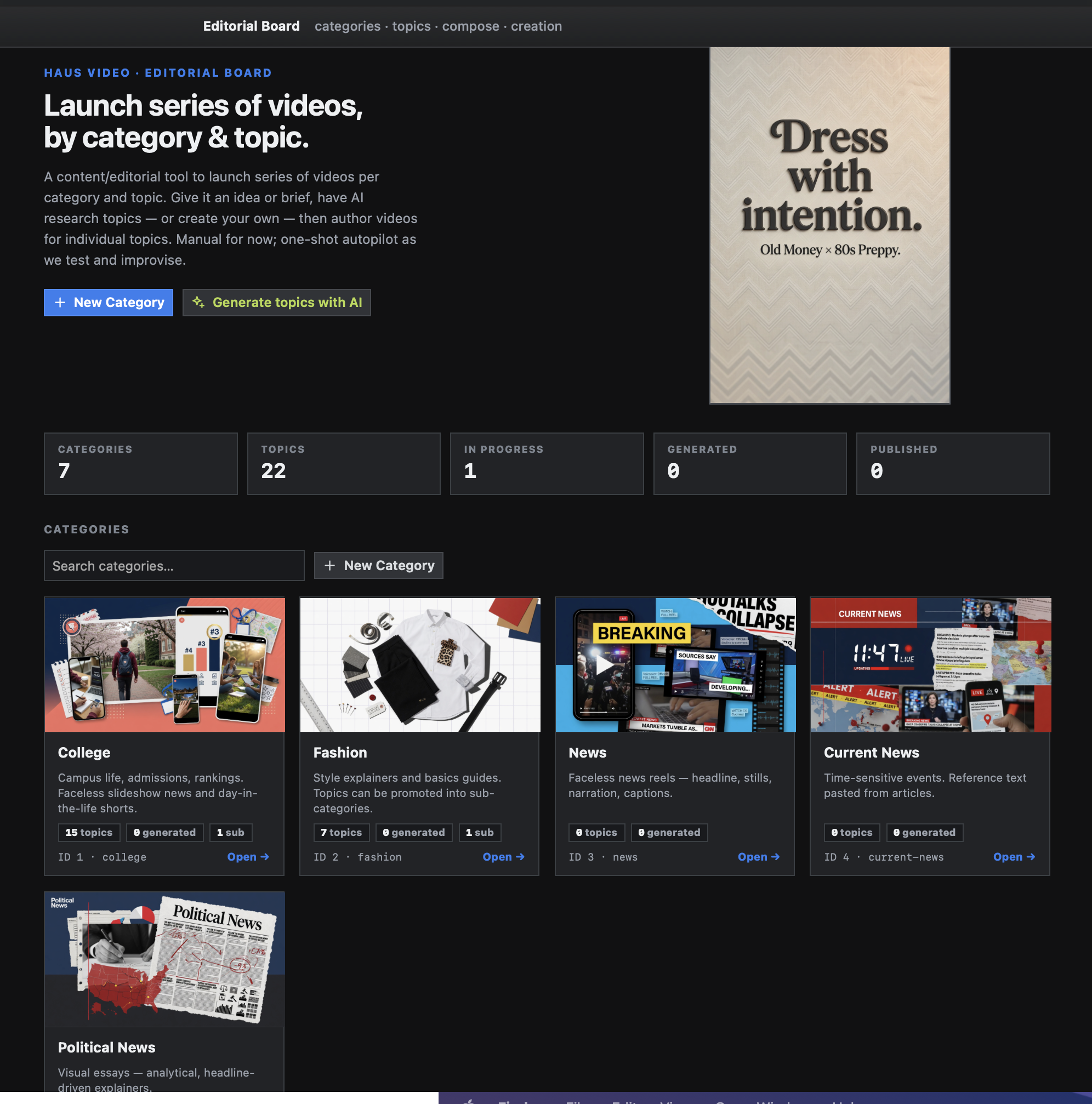 Editorial Board landing page showing category cards, counts, and topic ideation controls.