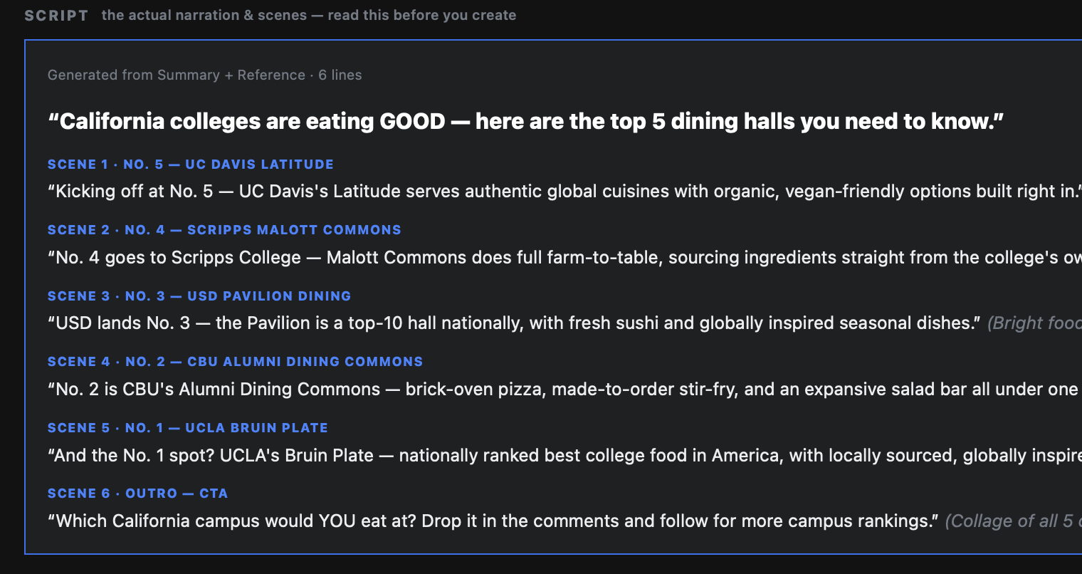 Generated script view broken into six scenes for the Top 5 California dining halls topic.
