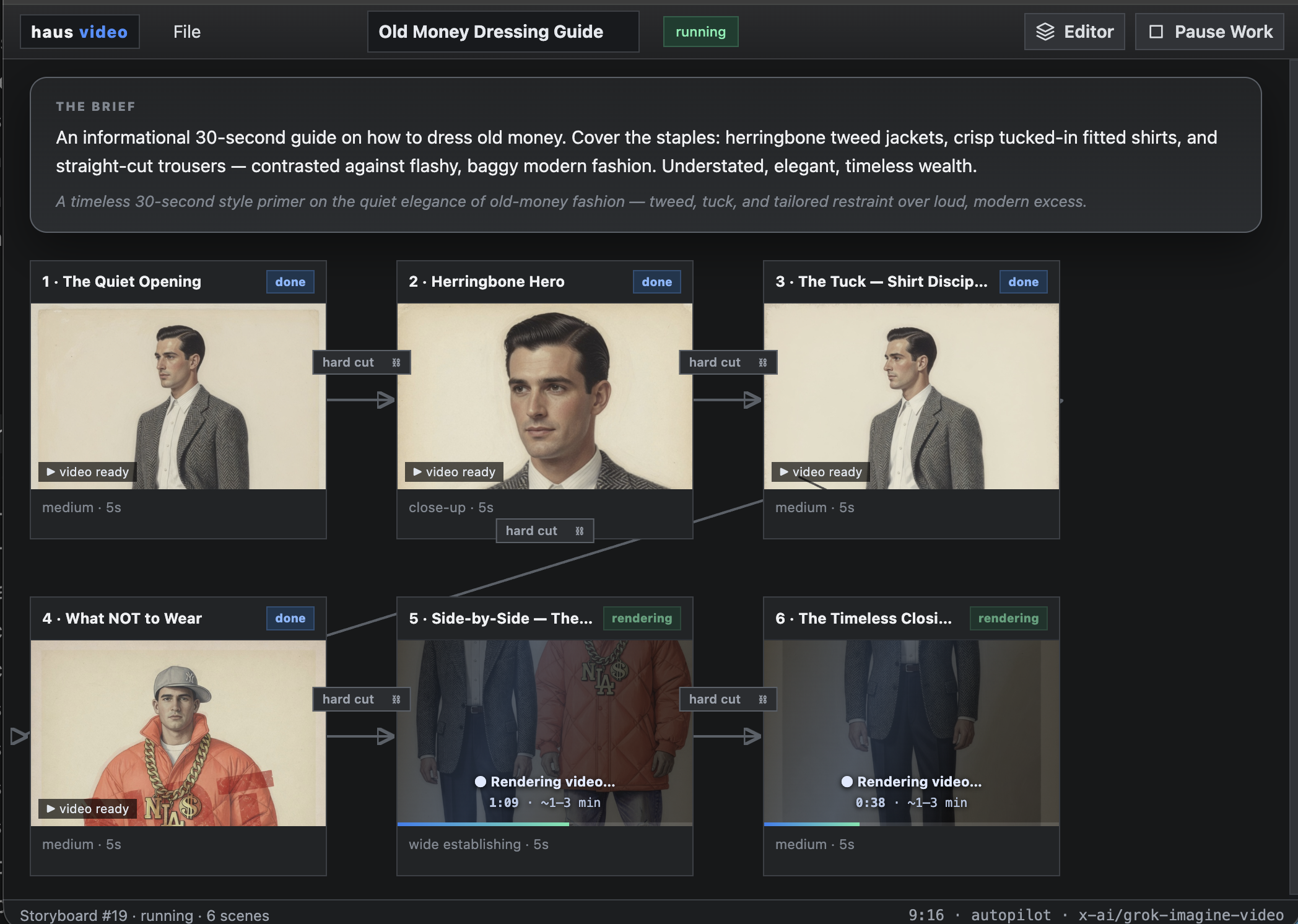 Guided Map view showing the automated pipeline running — scenes populating in real time as script, cast, reference frames, and render jobs complete in the background.