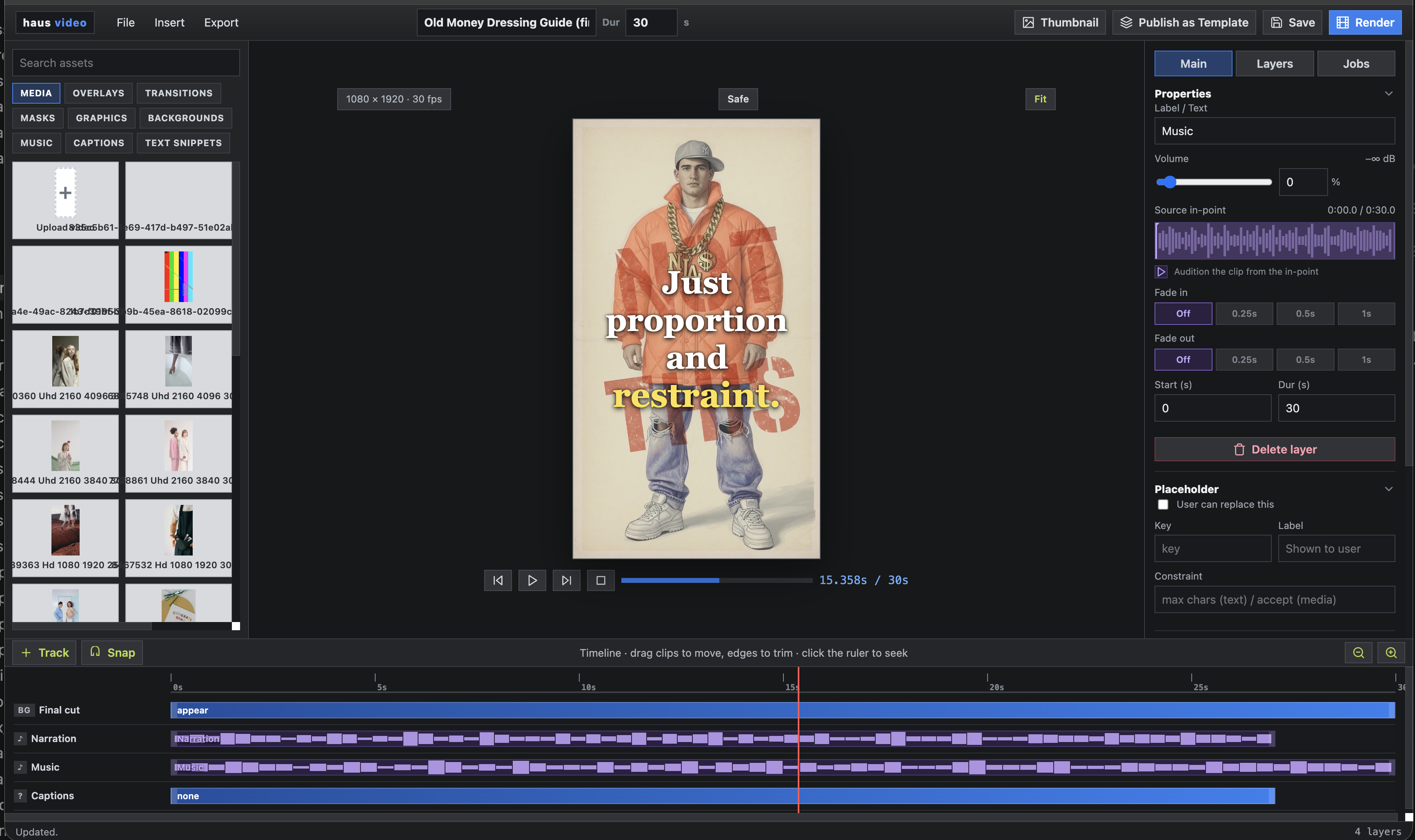 Completed scene grid showing all generated scenes for the old money guide — styled in the 1940s fashion catalog aesthetic with captions and audio ready.