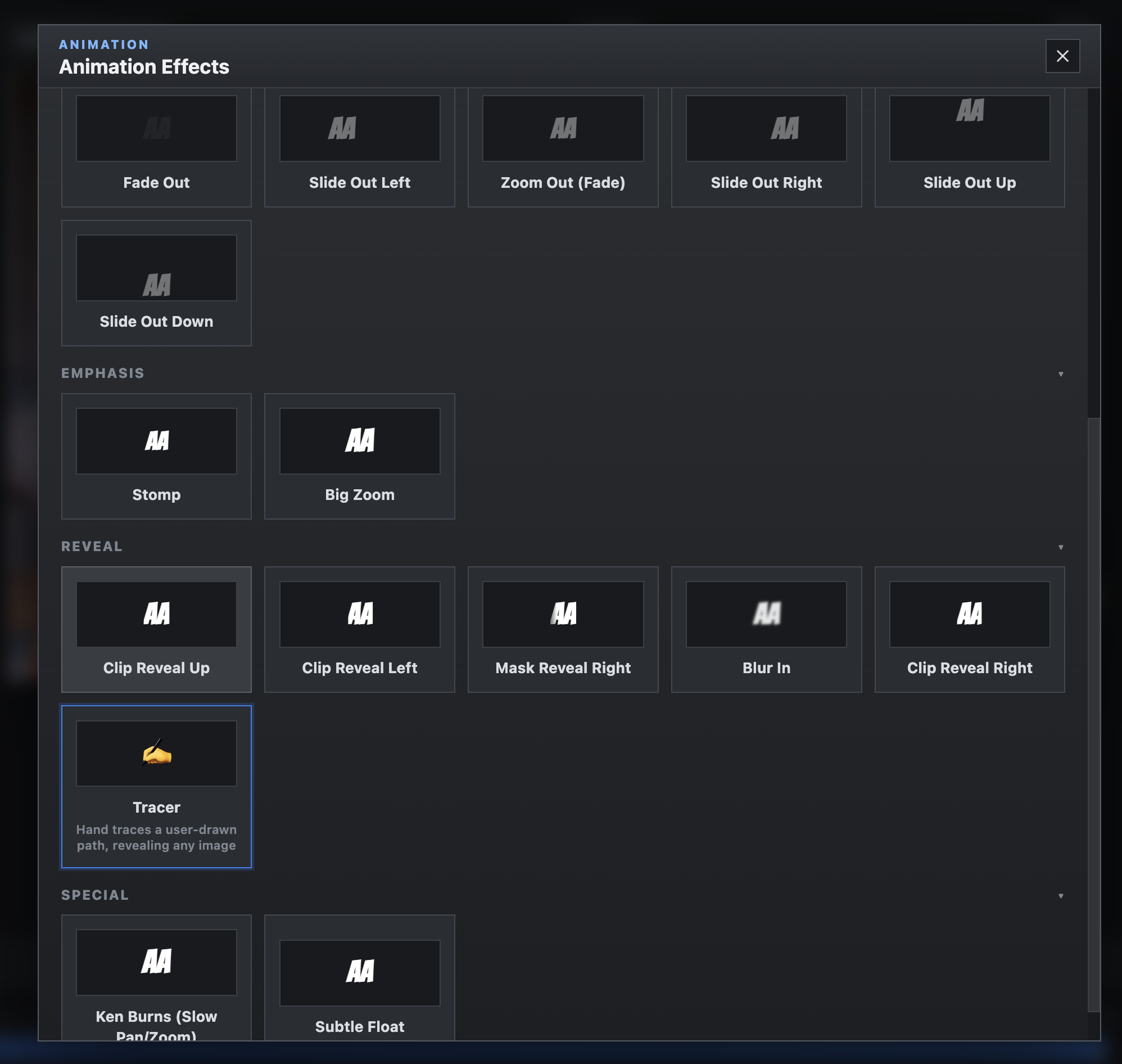 Effects picker modal — browse and apply FX