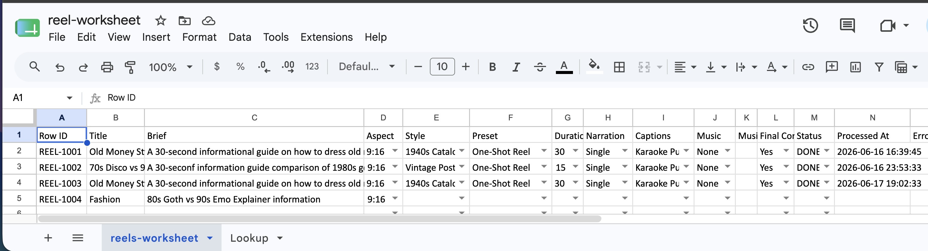 Google Sheets pipeline — row updates trigger automatic video assembly
