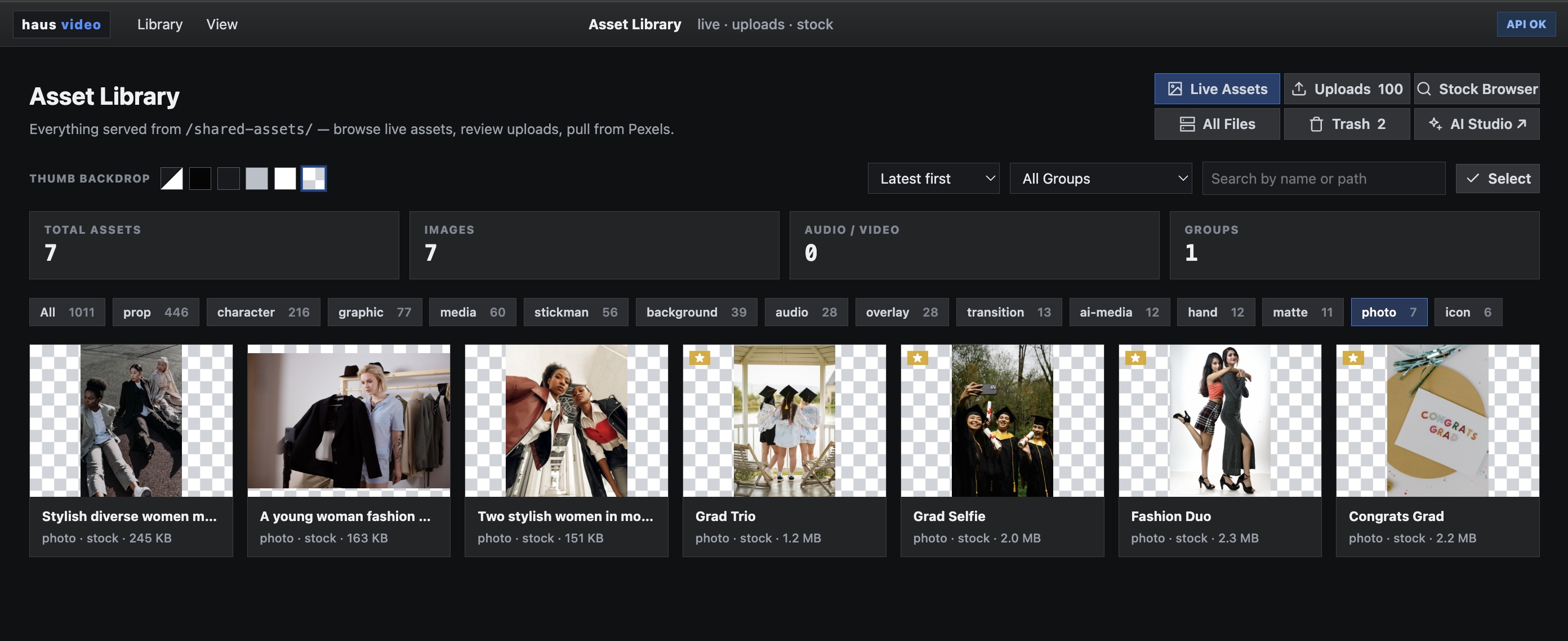 Media library — full asset browser across uploads, Pexels, and generated media