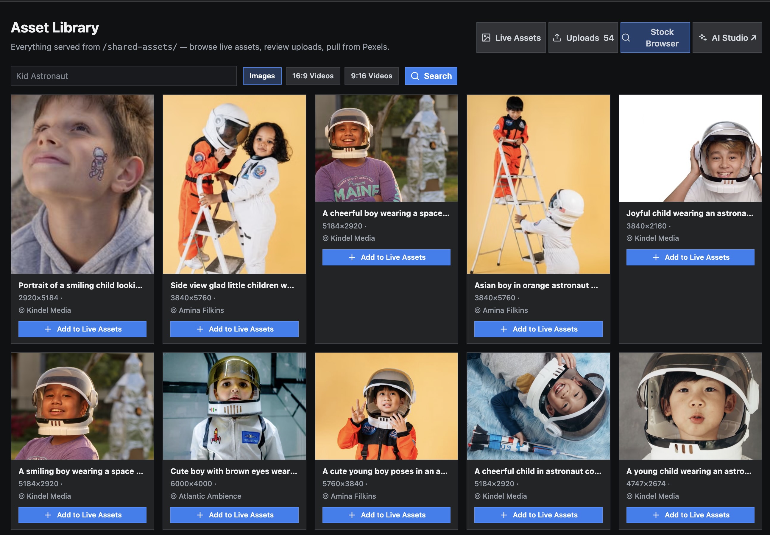 Pexels search interface built into haus video — search and import stock media directly into a template