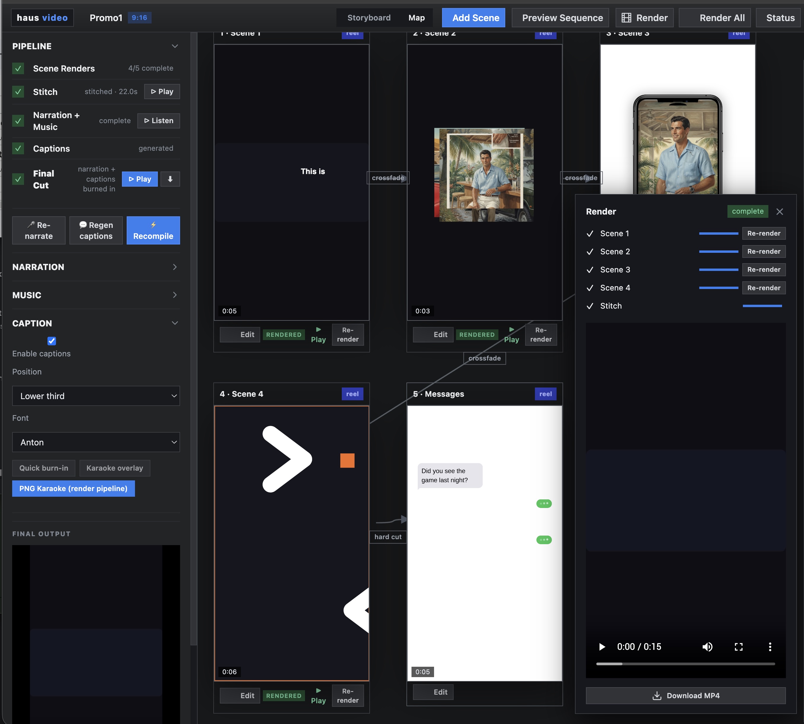 Sequence build — four reel projects stitched together in order