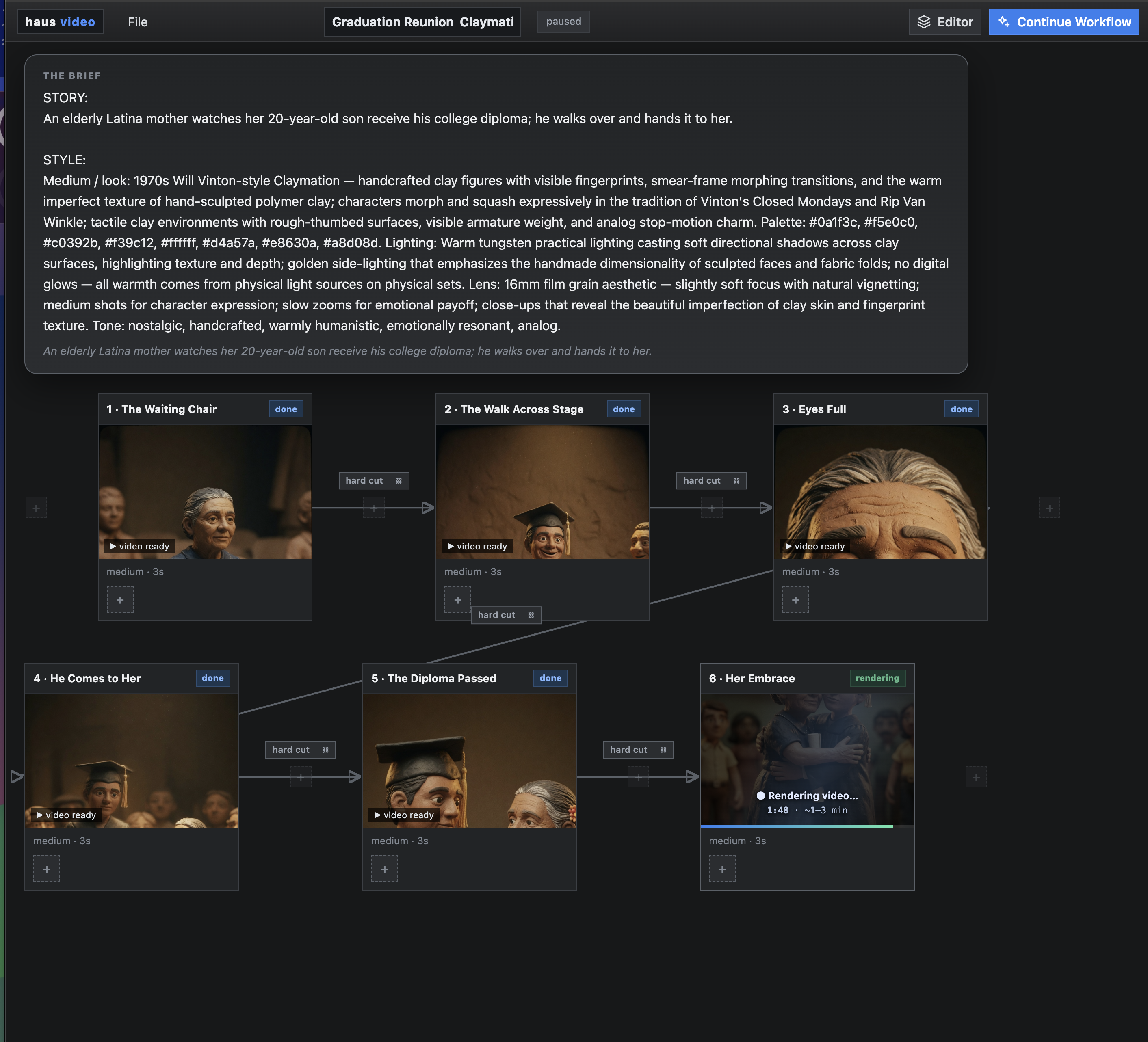 Storyboard execution view showing the Graduation Reunion Claymation brief with six scenes in production — the final step after ideation iteration.