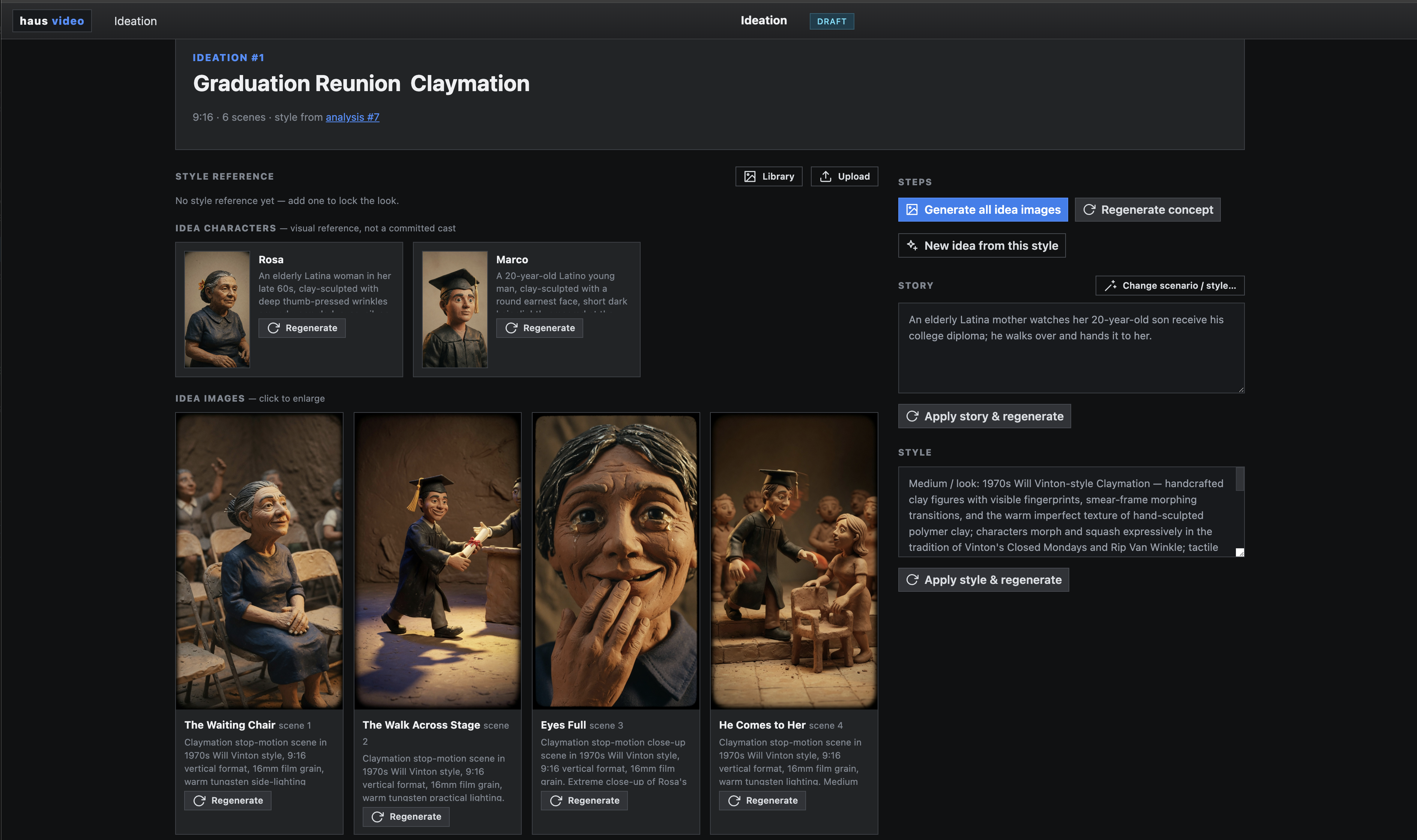 Brief editor inside Ideation Seeder showing story text, style parameters, and iteration controls.